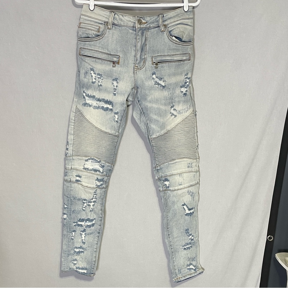 Men's Embellish Light Blue Distressed Biker Jeans